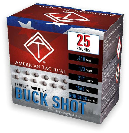 AMERICAN TACTICAL 410 GAUGE AMMO BBB BUCK SHOT, 25/BOX