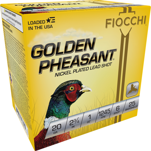 Fiocchi Golden Pheasant 20 Gauge Ammo 2-3/4" #6 Nickel Plated Lead Shot 1 oz Box of 25