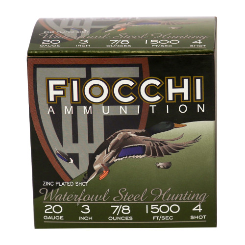 Fiocchi Flyway Series 20 Gauge Ammo 3" #4 Steel Shot 7/8 oz Box of 25 - Image 1 Fiocchi Flyway Series 20 Gauge Ammo 3" #4 Steel Shot 7/8 oz Box of 25 - Image 1
