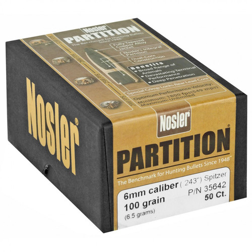 Nosler Partition 6mm .243 100 GR Spitzer 50 Per Box