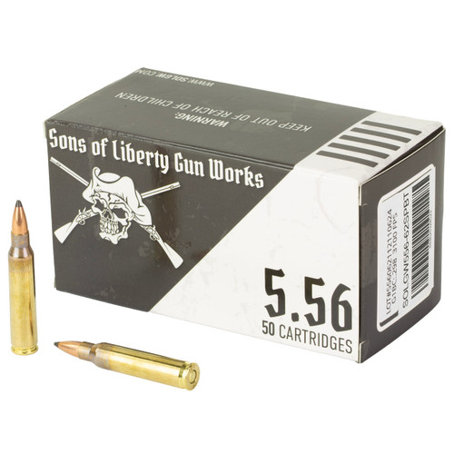 Sons Of Liberty Gun Works 556 NATO Ammo 62 Grain Soft Point Boat Tail 50 Round Box