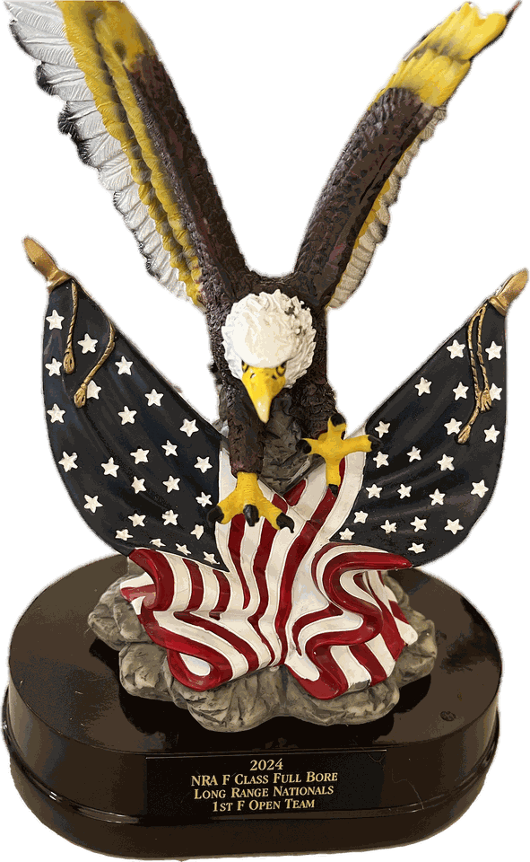 Drifters Gear's team trophy: a bald eagle over the American flag on a dark base. The plate reads 2024 NRA F Class Full Bore Long Range Nationals, 1st F Open Team.
