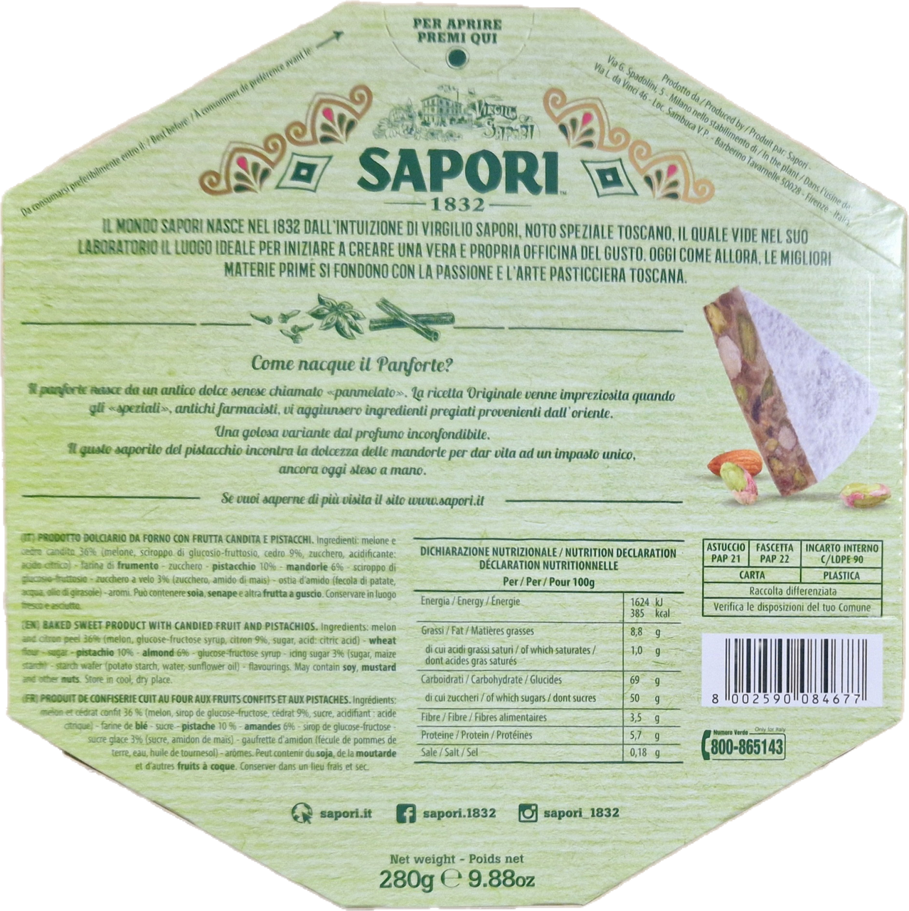 Sapori Panforte Almond and Pistachio cake with Candied Fruit. 280g