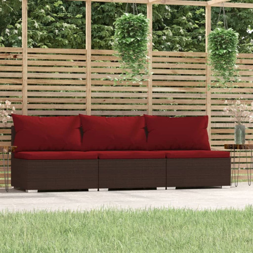 vidaXL 3 Seat Patio Sofa with Cushions Brown Poly Rattan