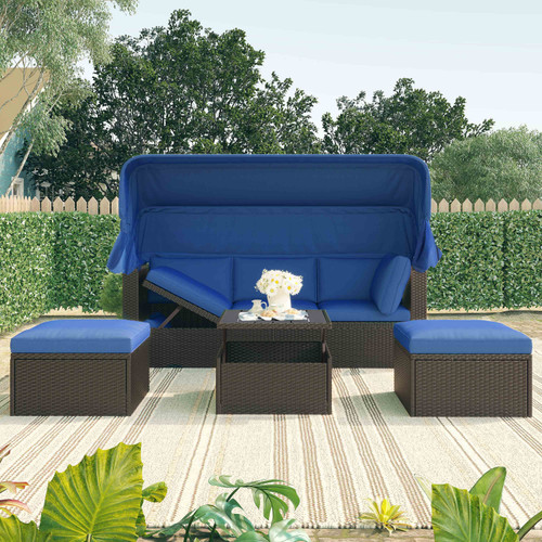 Outdoor Patio Rectangle Daybed with Retractable Canopy, Wicker Furniture Sectional Seating with Was