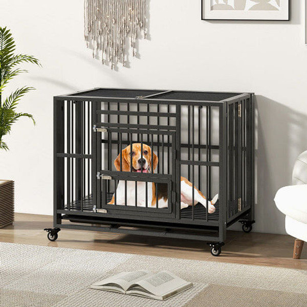 Foldable Heavy-Duty Metal Dog Cage Chew-proof Dog Crate with Lockable Universal Wheels - Color: Bla