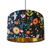 Birds and Flowers Cotton Fabric Lampshade with Gold Lining