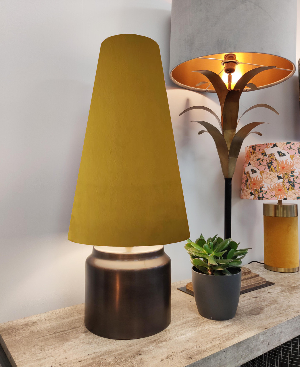 Candid Owl | Mustard Velvet Extra Tall Cone Lampshade (50cm Height)