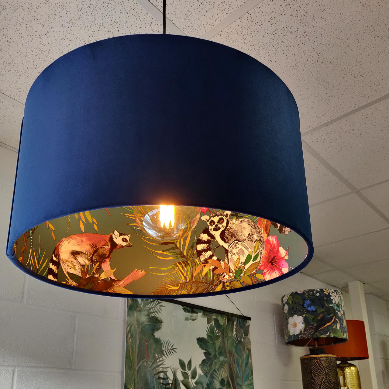 Candid Owl  Navy Velvet Lampshade with Teal Lemur Lining