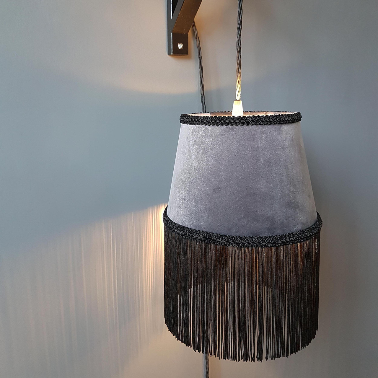 grey fringed lampshade