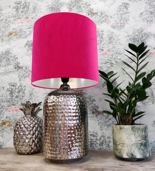 Pink Velvet Lamp shade in Cerise, with Silver Lining