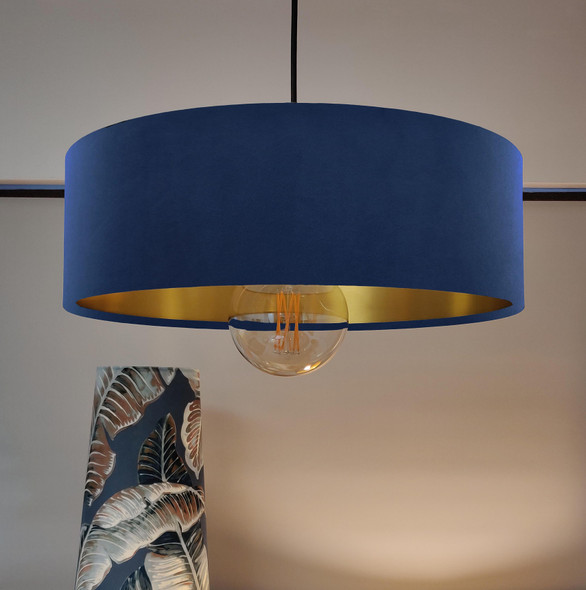 Navy Blue Velvet Ultra Slim Hanging Lampshade with Gold Lining
