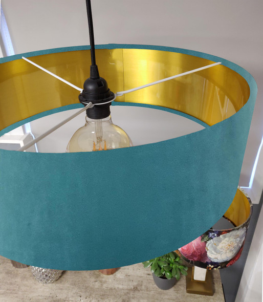 Large 45cm Teal Velvet Ultra Slim Lampshade with Gold Lining and XL LED Bulb Included