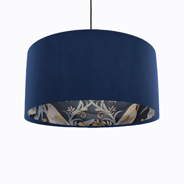 Navy Blue Velvet Lampshade with Navy and Mustard Birds Woodland Lining