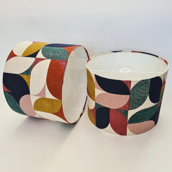 Retro mustard lampshade in drum style and abstract fabric