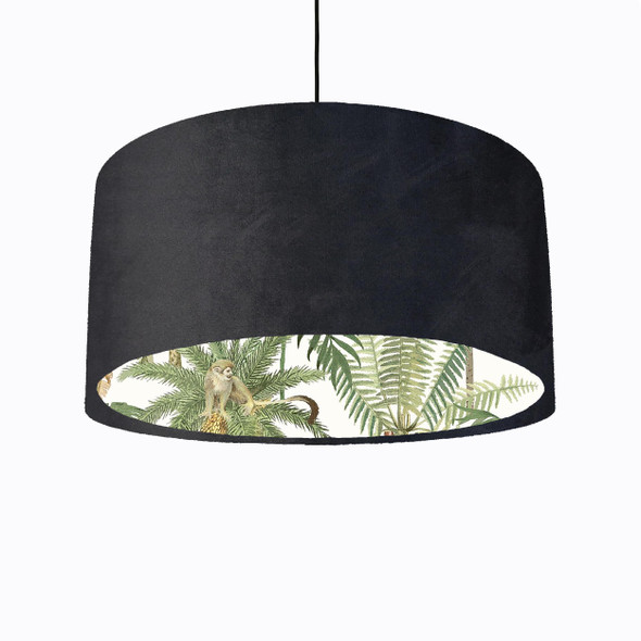 Black Velvet Lampshade with Tropical Trees and White Monkey Lining