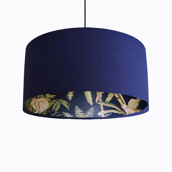 Navy Blue Cotton Lampshade with Tropical Trees and Dark Monkey Lining