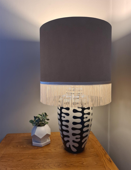 Charcoal Oyster Cream Fringed Lampshade in Velvet