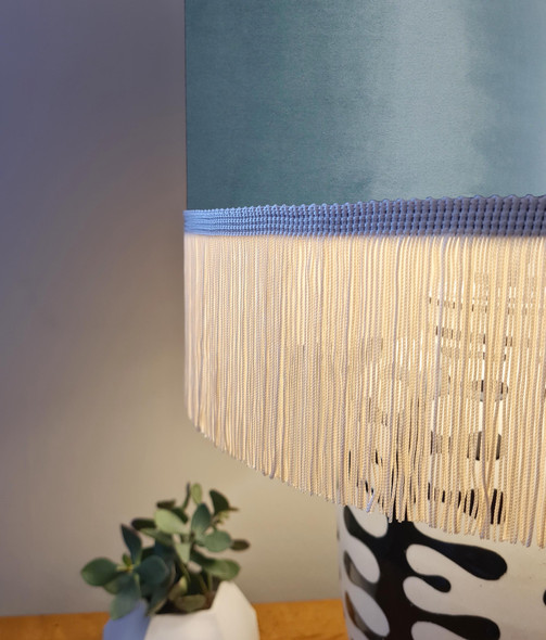 Duck Egg Blue Lampshade in Velvet with Oyster Cream Fringing