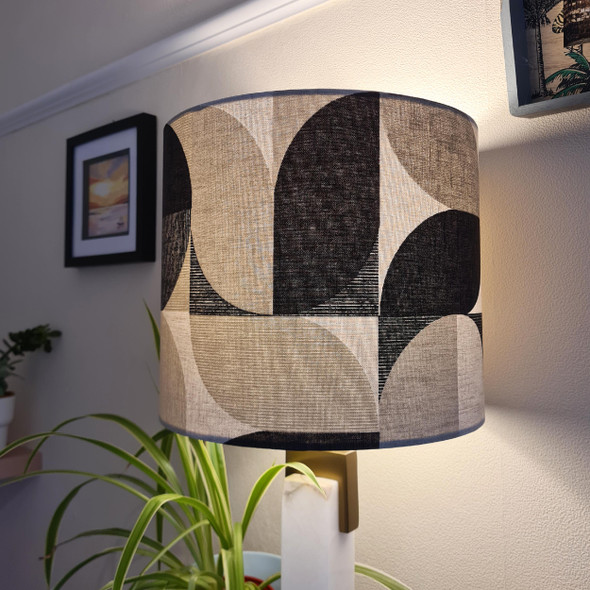 Retro natural lampshade in drum style and abstract fabric, monochrome