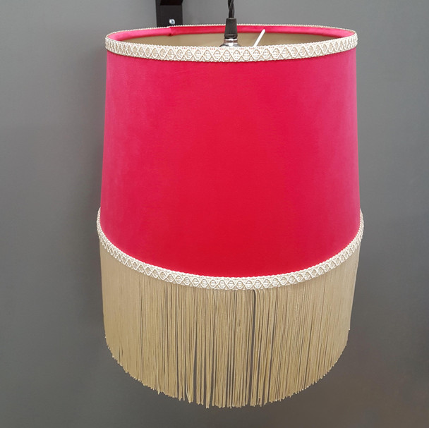 Cerise Pink Velvet Tapered Lampshade with Oyster Fringe and Champagne Lining