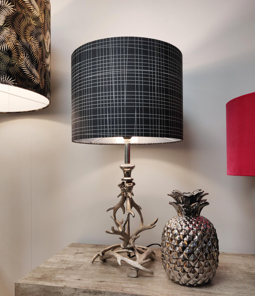 Dark Grey and White Lines Lampshade, Geometric with Silver Lining