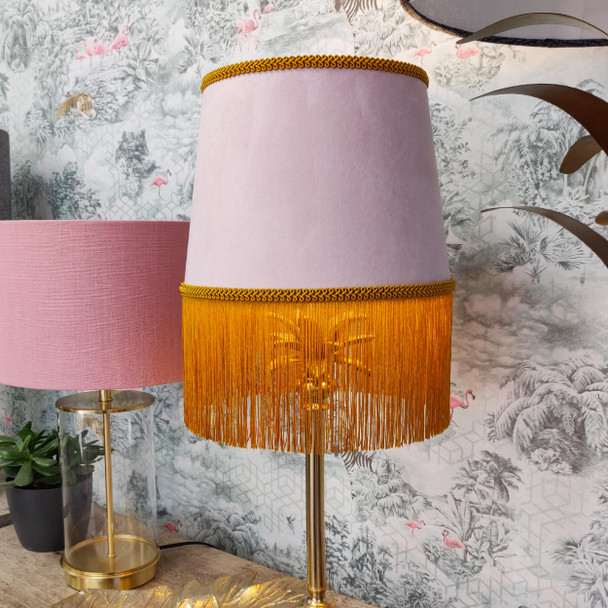 Light Pink Velvet lampshade with Gold Fringing and a Tapered design.