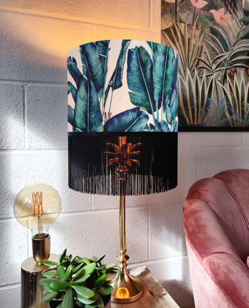 Tropical Leaves Fringed Lamp Shade in Velvet with Black Fringe