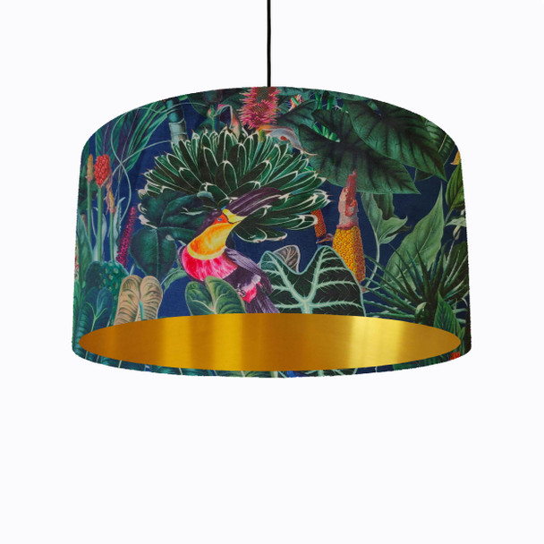 Tropical Parrots Lampshade in Velvet with Gold Lining