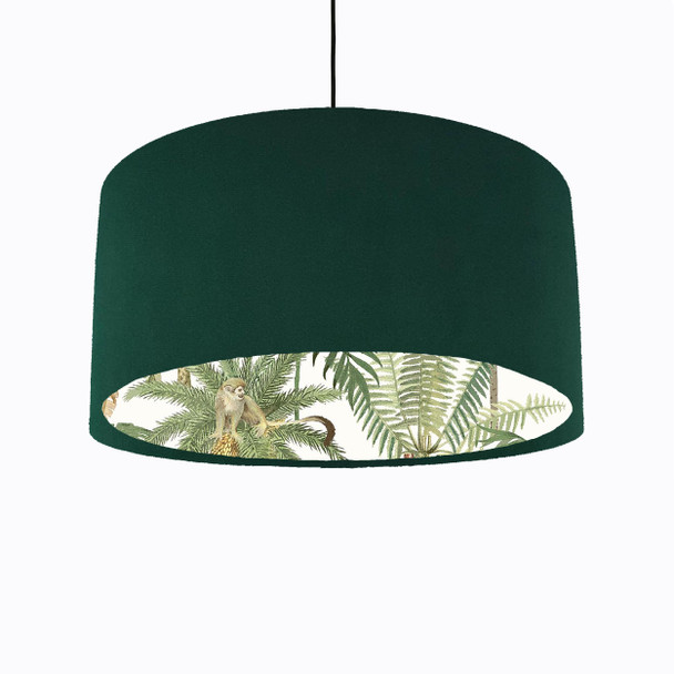 Green Velvet Lampshade with Tropical Trees and White Monkey Lining