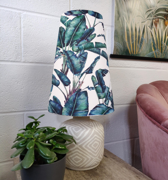 White Tropical Leaves Cone Lampshade in Velvet Fabric