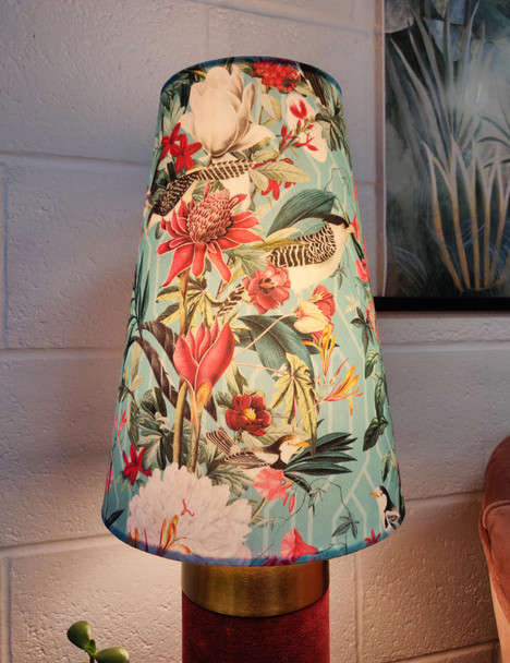 Mint Floral and Birds Cone Lampshade in Velvet Fabric