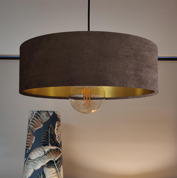 Brown Velvet Ultra Slim Hanging Lampshade with Gold Lining