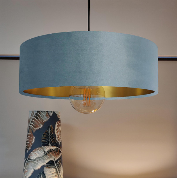 Duck Egg Blue Velvet Ultra Slim Hanging Lampshade with Gold Lining