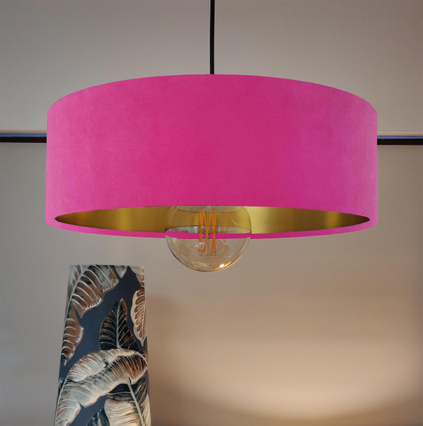 Pink Velvet Ultra Slim Hanging Lampshade with XL LED Bulb