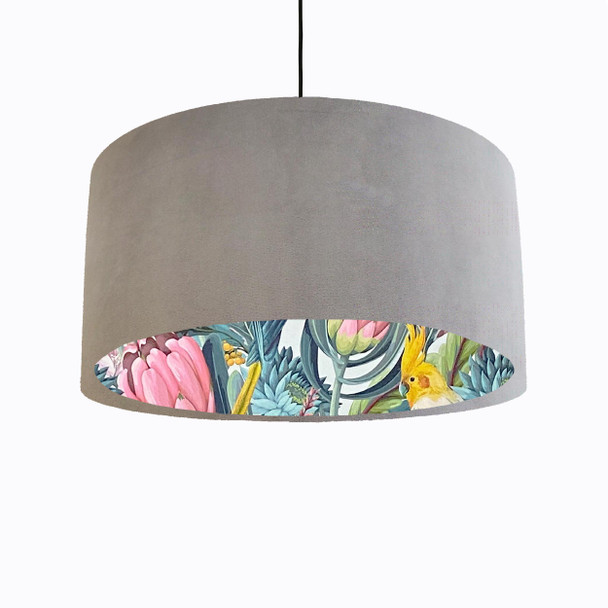 Light Grey Velvet Lampshade with Blush Parrot Lining