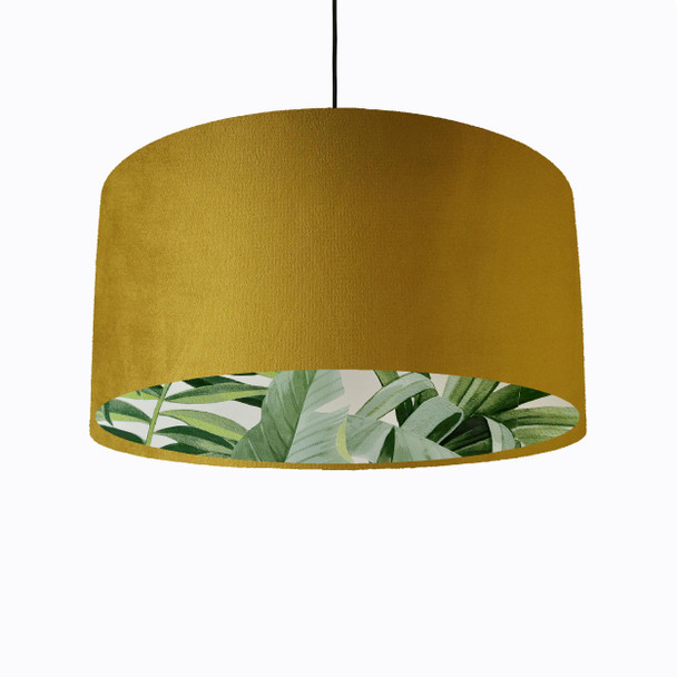 Mustard Yellow Velvet Lampshade with Green Lush Leaves Lining