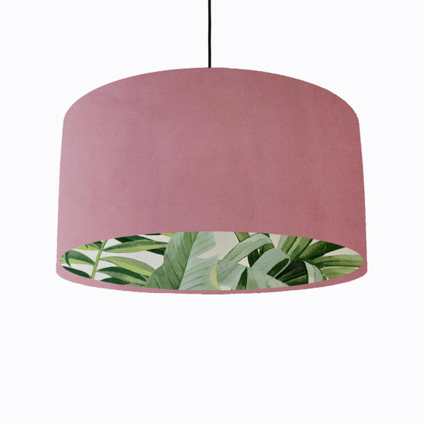 Light Pink Velvet Lampshade with Green Lush Leaves Lining