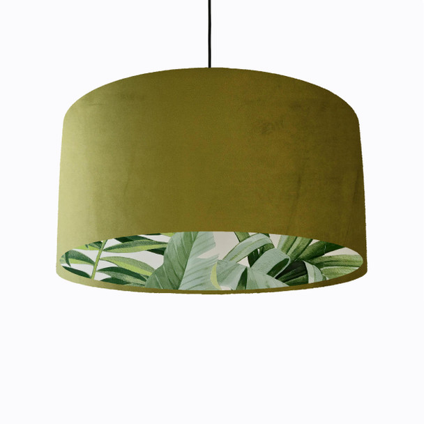 Olive Green Velvet Lampshade with Green Lush Leaves Lining