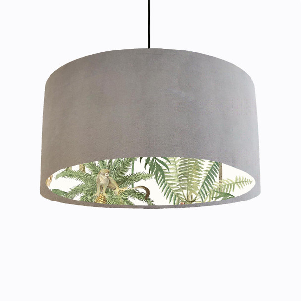 Light Grey Velvet Lampshade with Tropical Trees and White Monkey Lining