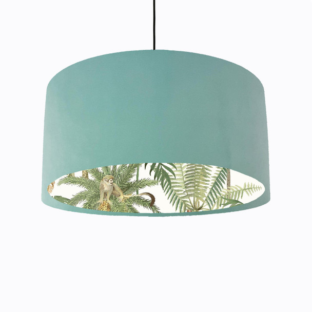 Light Mint Green Velvet Lampshade with Tropical Trees and White Monkey Lining