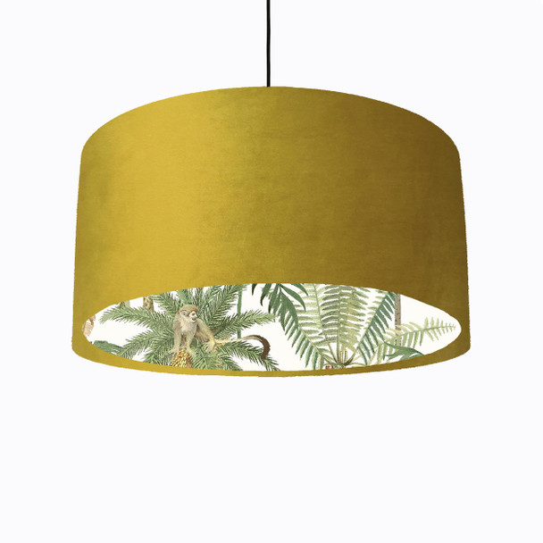 Mustard Yellow Velvet Lampshade with Tropical Trees and White Monkey Lining