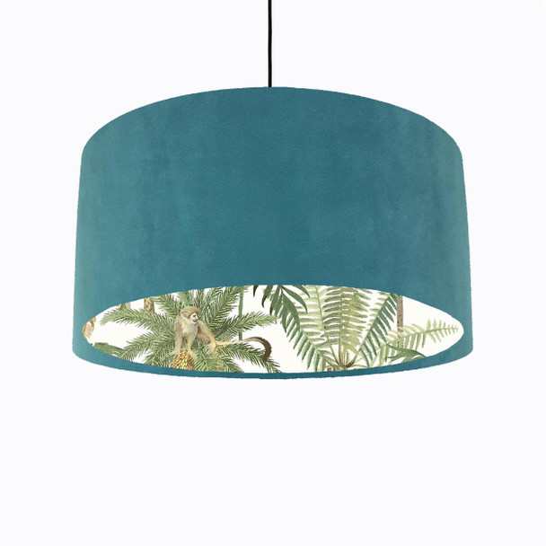 Teal Blue Velvet Lampshade with Tropical Trees and White Monkey Lining