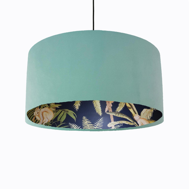 Light Mint Green Velvet Lampshade with Tropical Trees and Dark Monkey Lining