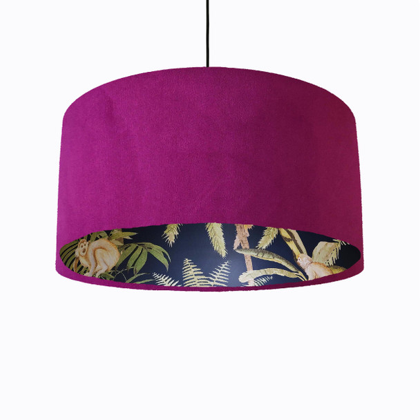 Plum Purple Velvet Lampshade with Tropical Trees and Dark Monkey Lining