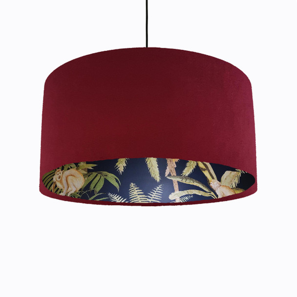 Red Velvet Lampshade with Tropical Trees and Dark Monkey Lining