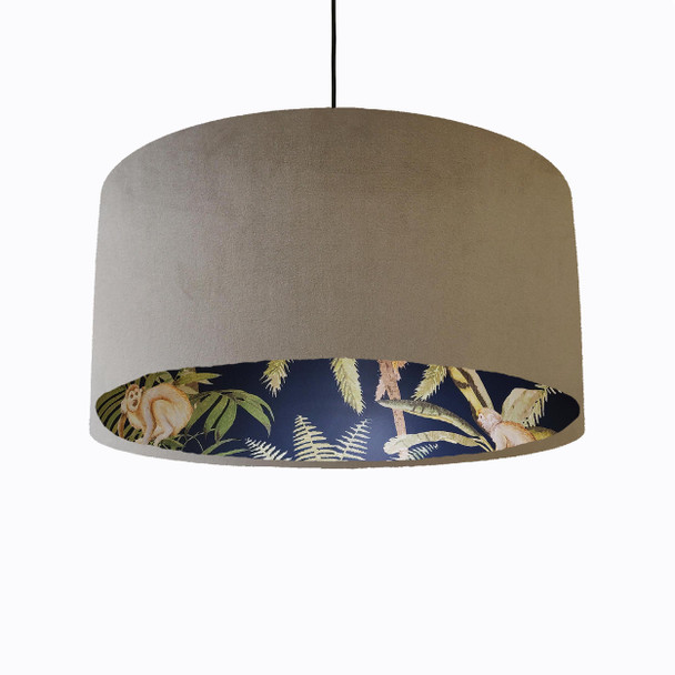 Taupe Velvet Lampshade with Tropical Trees and Dark Monkey Lining