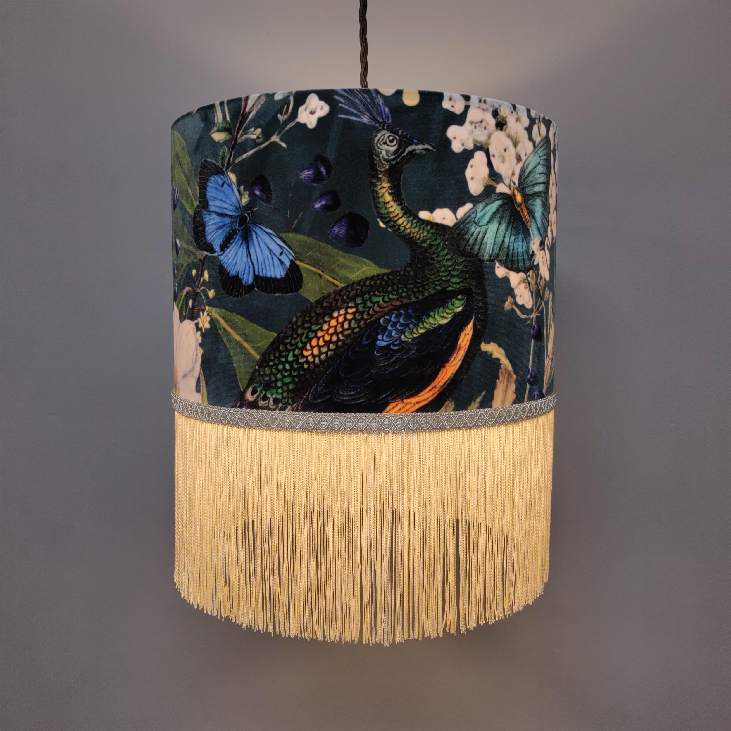 Peacock Velvet Lamp Shade with Oyster fringing and trim