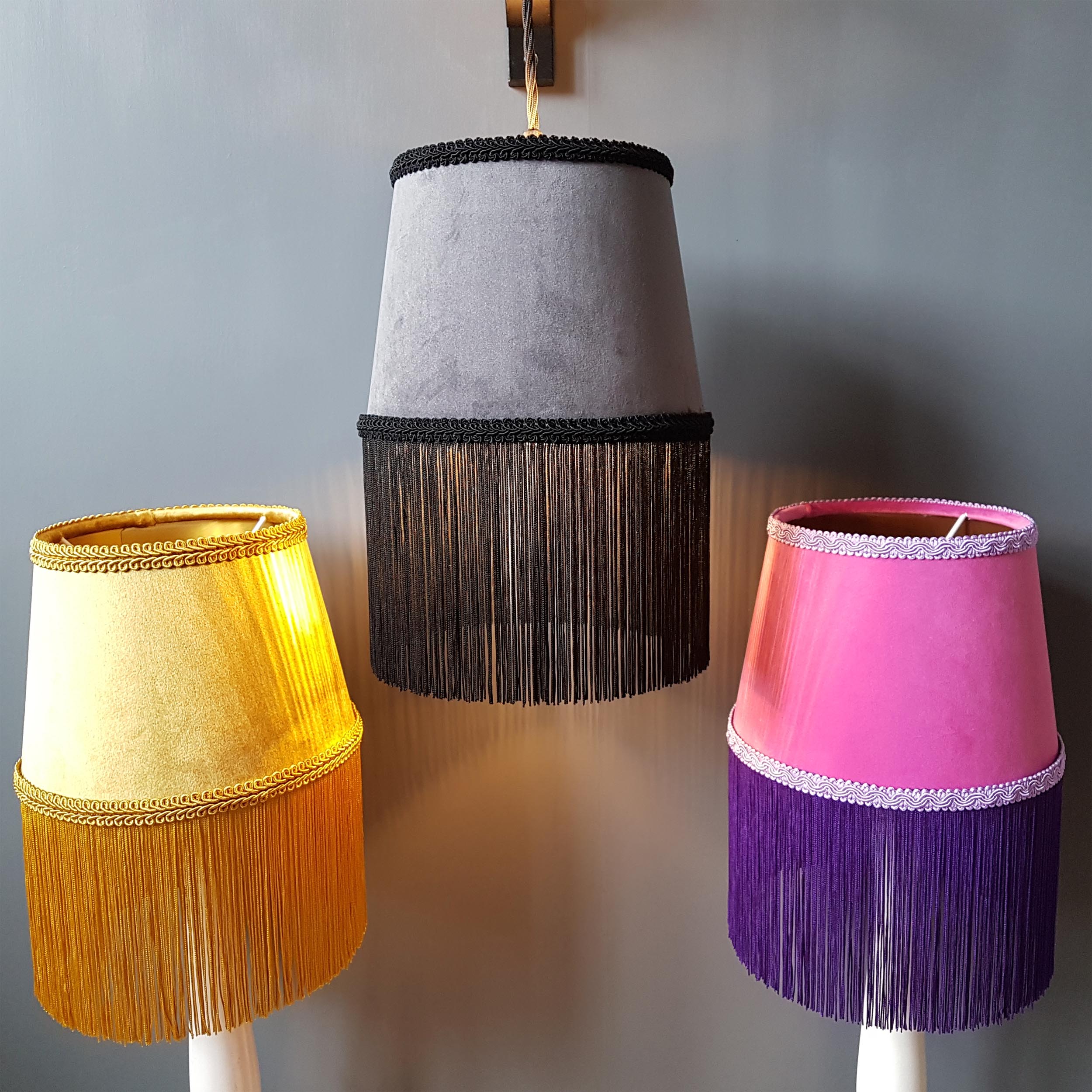 Candid Owl Luxury Grey Velvet Lampshade With Black Fringe Customconstruction our extensive selection of lamp shades come in every shape and style from very small to very large 24 wide.