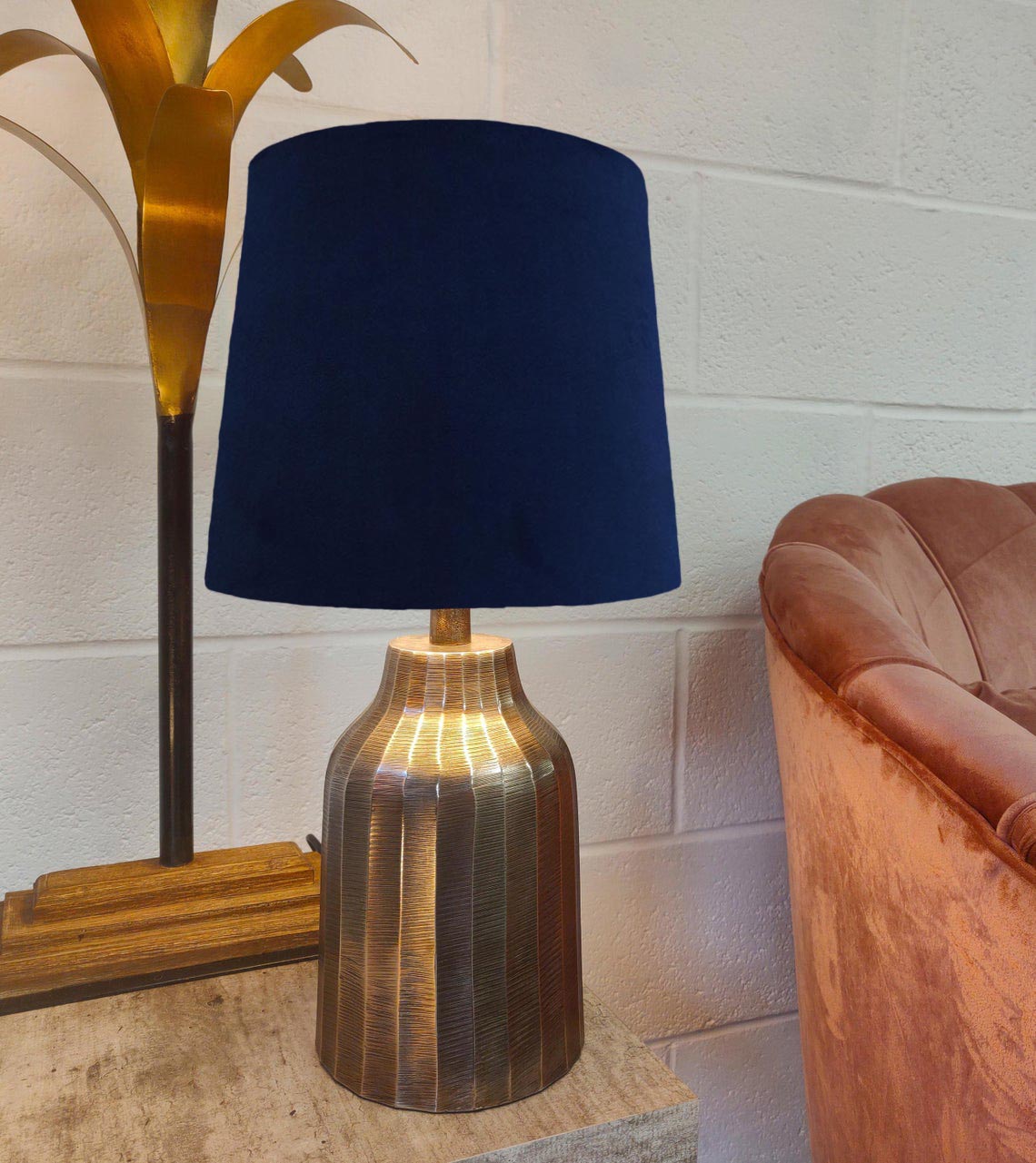 French Drum Lampshade in a Navy Blue Velvet and a Choice of Lining